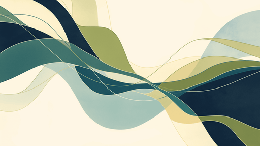 Papier peint abstrait aux ondulations fluides dans des teintes de bleu, vert et crème, créant une atmosphère apaisante et moderne.