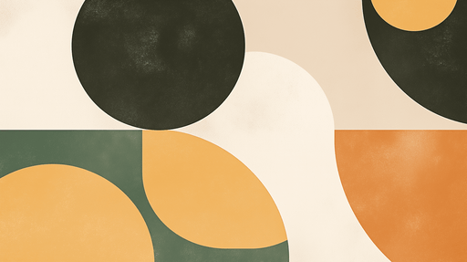 Papier peint abstrait aux formes organiques et aux teintes douces de beige, vert, noir et orange, créant une ambiance moderne et chaleureuse.