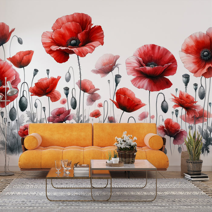 Papier peint coquelicot | Bourgeons et fleurs rouges en aquarelle