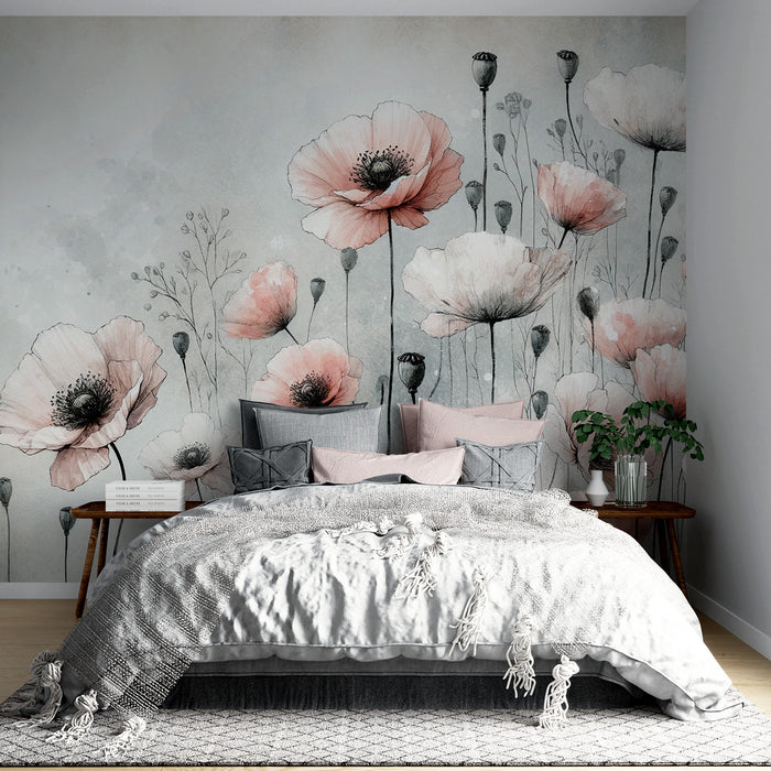 Papier peint coquelicot | Fleurs et bourgeons vintage Papier peint coquelicot | Fleurs et bourgeons vintage