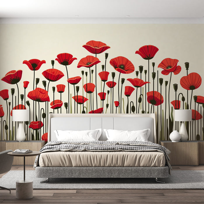 Papier peint coquelicot | Tiges noires et pétales rouges