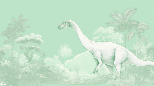 Papier peint représentant un dinosaure sur fond vert pastel, agrémenté de motifs de feuillage tropical, créant une ambiance ludique et apaisante.