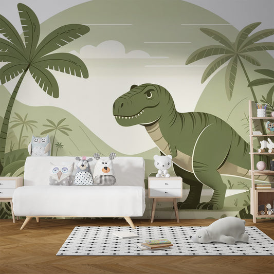 Papier peint dinosaure | Illustration d'un T-rex dans une jungle verte