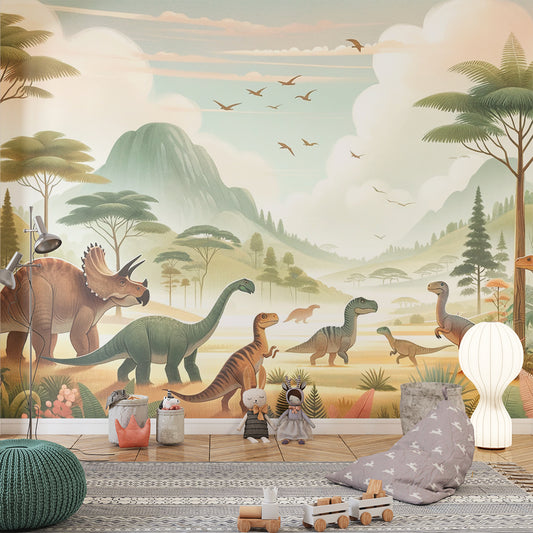Papier peint dinosaure | Paysage préhistorique tons doux
