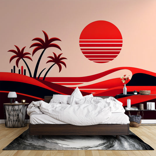 Papier peint dune | Désert et coucher de soleil rouge avec palmiers