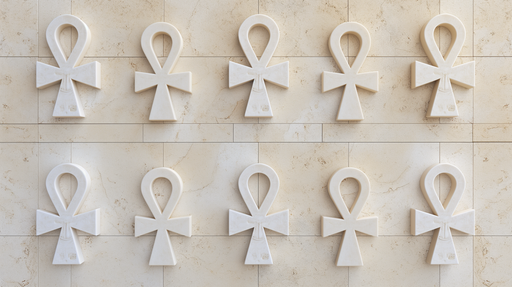 Papier peint texturé beige clair avec des motifs d'ankh en relief, créant une ambiance à la fois élégante et inspirante.