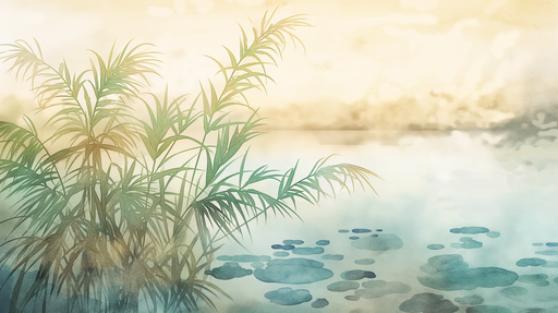 Papier peint aquatique aux teintes douces, représentant des plantes vertes délicates sur fond pastel, créant une ambiance sereine et apaisante.