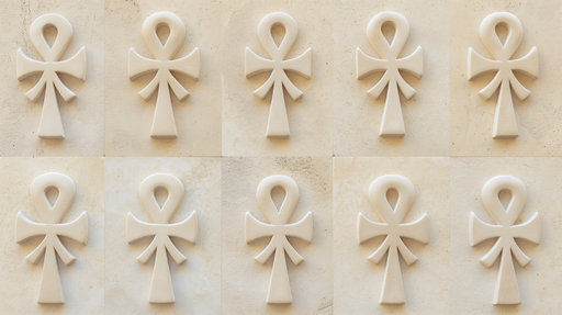 Papier peint texturé beige clair avec des motifs d'ankh en relief, évoquant une ambiance à la fois mystique et élégante.