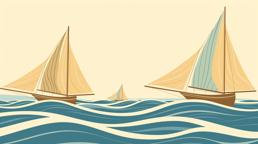 Papier peint illustrant des voiliers aux voiles beige et turquoise naviguant sur des vagues stylisées, créant une ambiance maritime apaisante et sereine.