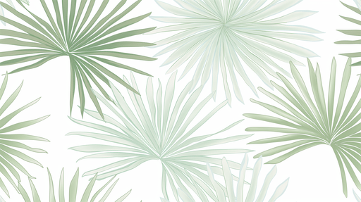 Papier peint tropical aux motifs de grandes feuilles de palmier dans des teintes vertes douces sur fond blanc, créant une ambiance fraîche et apaisante.