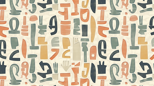 Papier peint abstrait aux formes géométriques variées dans des teintes de bleu, orange et beige, créant une ambiance artistique et dynamique.