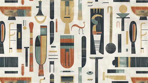 Papier peint abstrait aux motifs géométriques colorés dans des teintes de bleu, orange et beige, créant une ambiance artistique et moderne.