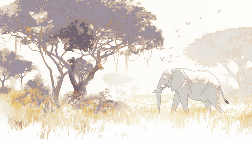 Papier peint représentant un éléphant dans un paysage savane aux teintes douces et pastel, créant une ambiance apaisante et naturelle.