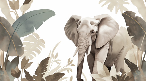 Papier peint illustrant un éléphant entouré de feuillages tropicaux aux teintes douces et naturelles, créant une ambiance apaisante et exotique.