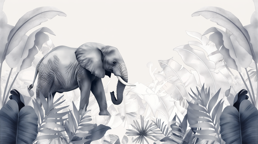 Papier peint illustrant un éléphant stylisé au milieu de feuillages tropicaux en nuances de gris, créant une ambiance à la fois artistique et apaisante.