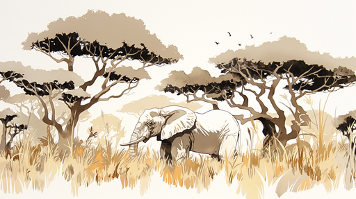 Papier peint illustrant un éléphant majestueux au milieu d'une savane stylisée, avec des teintes beiges et brunes qui évoquent une ambiance naturelle et sereine.
