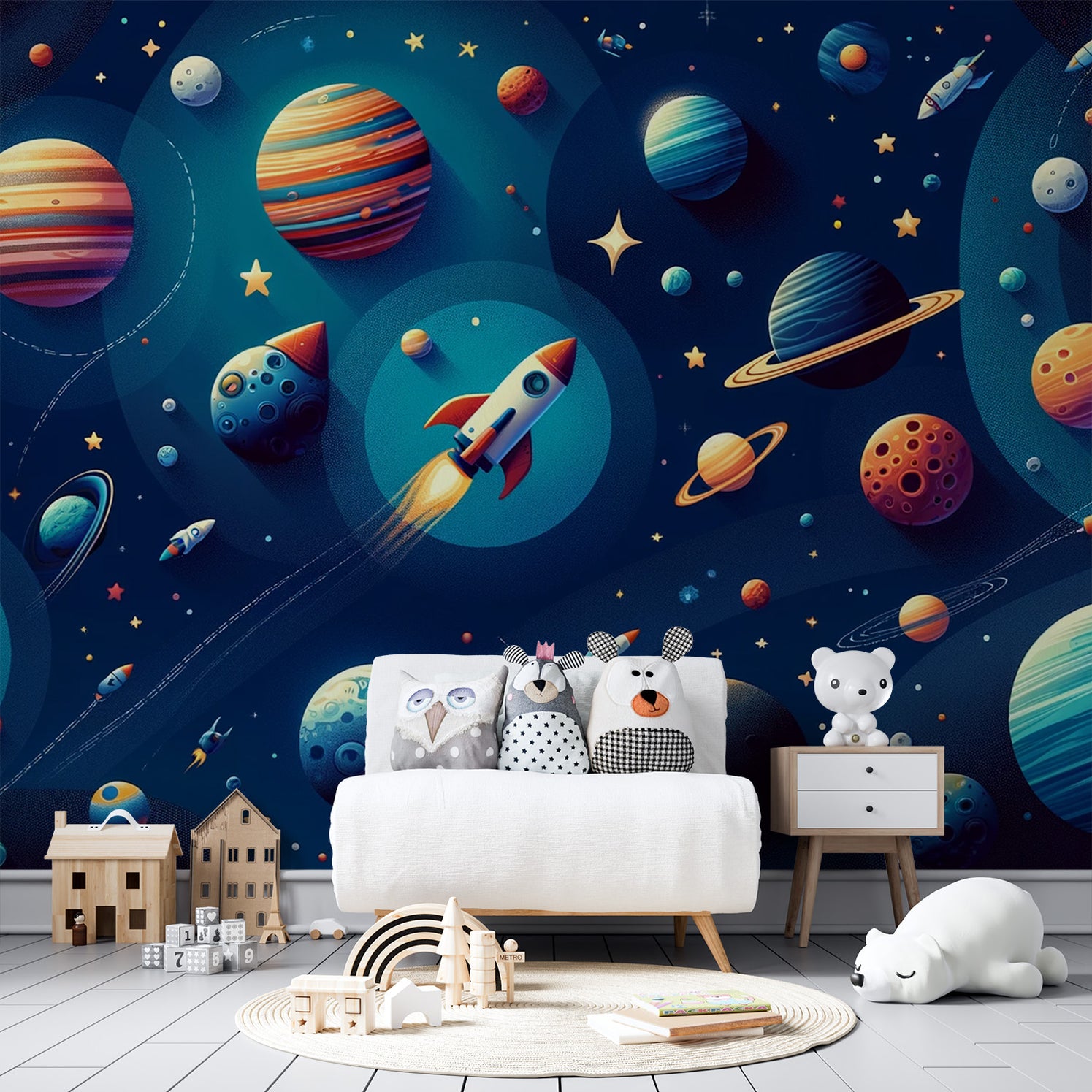 Papier peint espace | Rond étoilé avec fusée 3D — LePapierPeint
