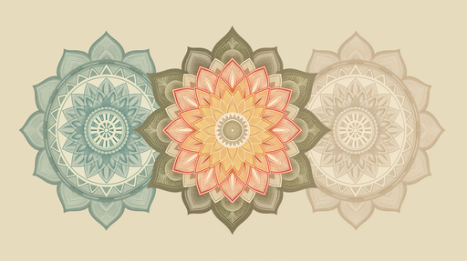 Papier peint aux motifs de mandalas colorés dans des teintes douces de vert, orange et beige, créant une atmosphère zen et apaisante.