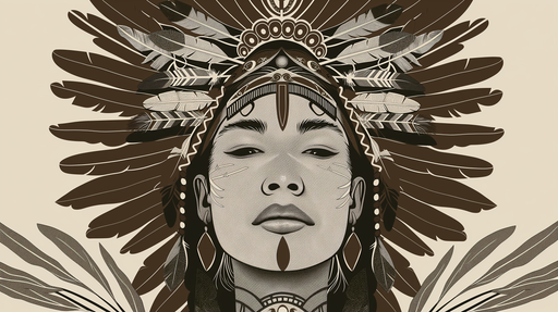 Papier peint illustratif représentant un visage stylisé avec des plumes et des motifs tribaux dans des tons bruns et beiges, créant une ambiance artistique et culturelle.