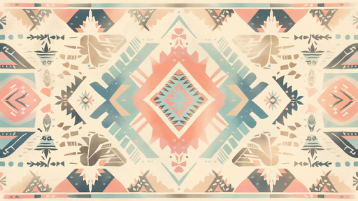 Papier peint au style ethnique avec des motifs géométriques colorés dans des teintes douces de rose, bleu et beige, créant une ambiance chaleureuse et dynamique.