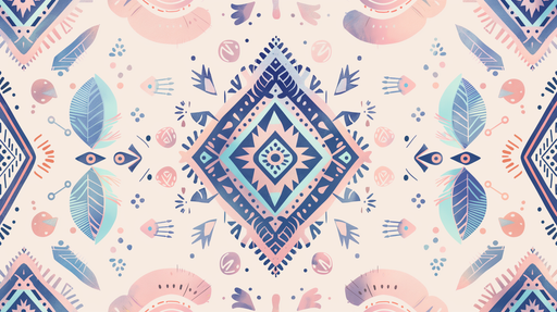 Papier peint aux motifs géométriques et ethniques dans des teintes douces de rose, bleu et violet, créant une ambiance artistique et ludique.