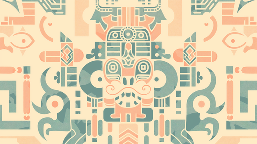 Papier peint aux motifs géométriques inspirés des cultures anciennes, mêlant des teintes douces de rose et de vert sur un fond crème, créant une ambiance artistique et intrigante.