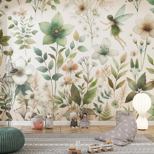 Une chambre d'enfant avec un papier peint floral pastel illustrant des fleurs délicates et une fée, créant une ambiance douce et féerique.