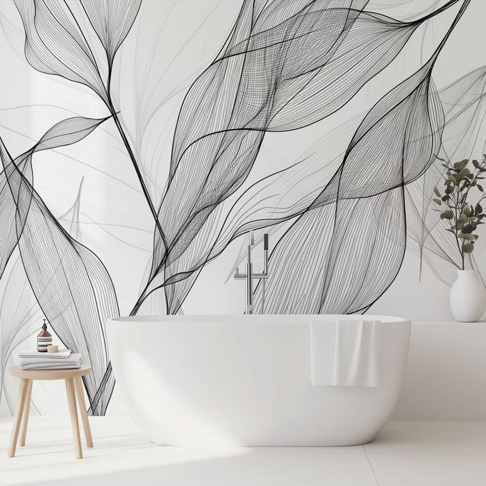 Papier peint salle de bain | Feuillage style abstrait noir et blanc