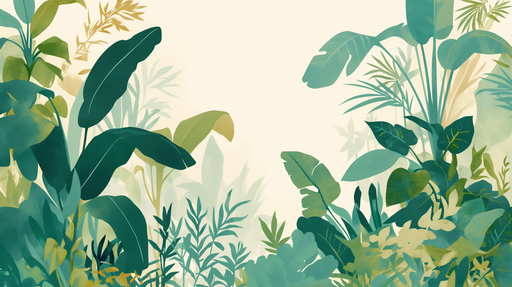 Papier peint tropical aux motifs luxuriants de feuilles vertes et dorées sur fond clair, évoquant une ambiance naturelle et apaisante.