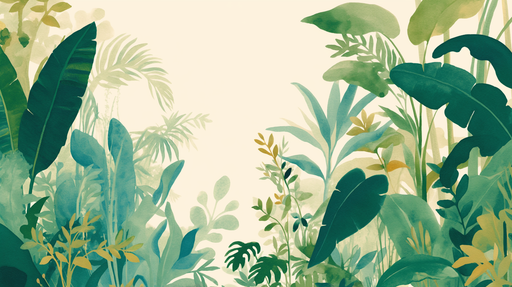 Papier peint tropical aux nuances de vert et de bleu, représentant une végétation luxuriante qui évoque une atmosphère apaisante et naturelle.