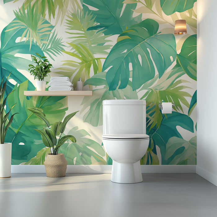 Papier peint toilette | Feuillage tropical vert sur fond ivoire