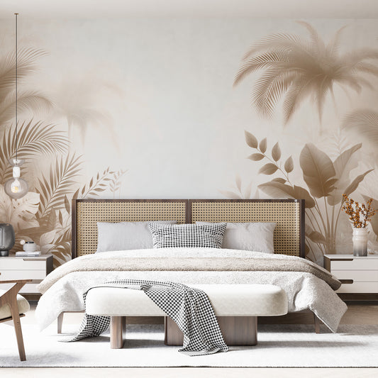 Papier peint feuillage beige | Feuillage et tropique avec palmiers
