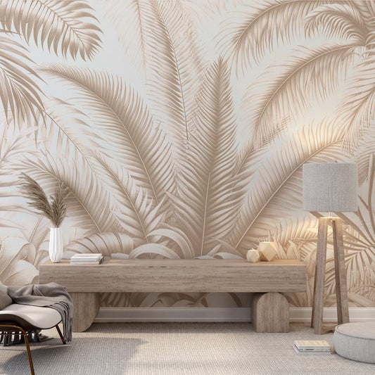 Papier peint feuillage beige | Massif de jungle de feuilles de palmiers