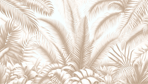 Papier peint tropical aux motifs de grandes feuilles de palmiers dans des teintes beige et crème, créant une atmosphère apaisante et élégante.