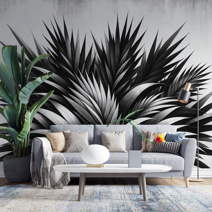 Papier peint feuillage noir et blanc | Arbuste de feuilles de palmiers sur fond vieillit