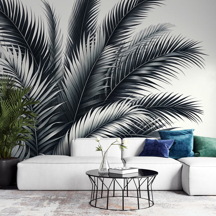Papier peint feuillage noir et blanc | Bouquet de feuilles de palmiers