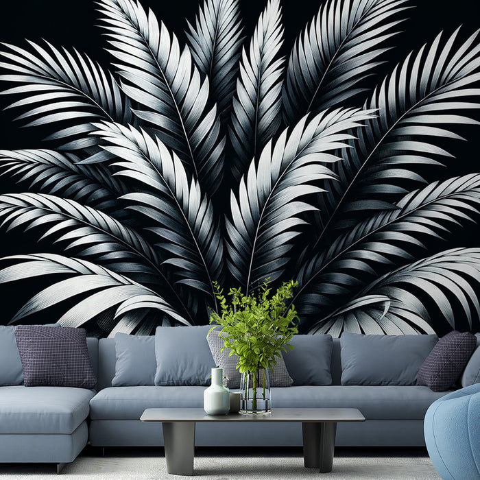 Papier peint feuillage noir et blanc | Bouquet de feuilles de palmiers sur fond noir