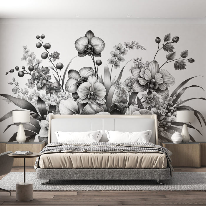 Papier peint feuillage noir et blanc | Composition de feuillages et orchidées