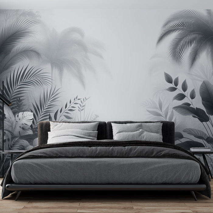 Papier peint feuillage noir et blanc | Feuillage et tropique avec palmiers