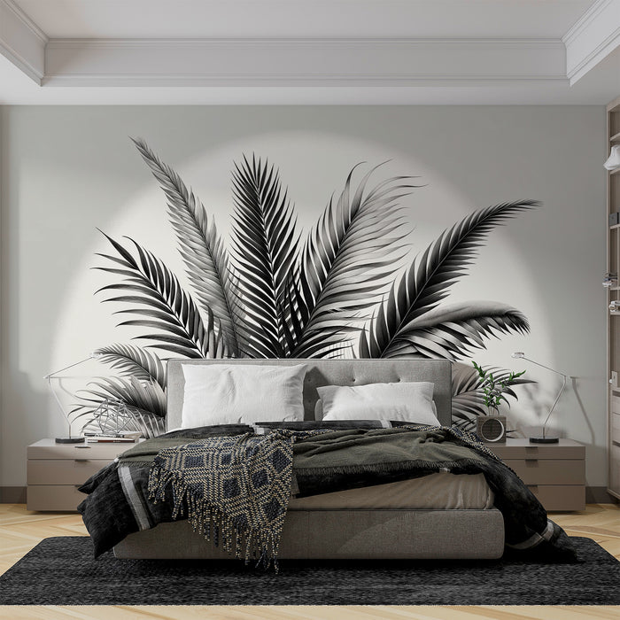 Papier peint feuillage noir et blanc | Feuilles de palmiers et arche claire