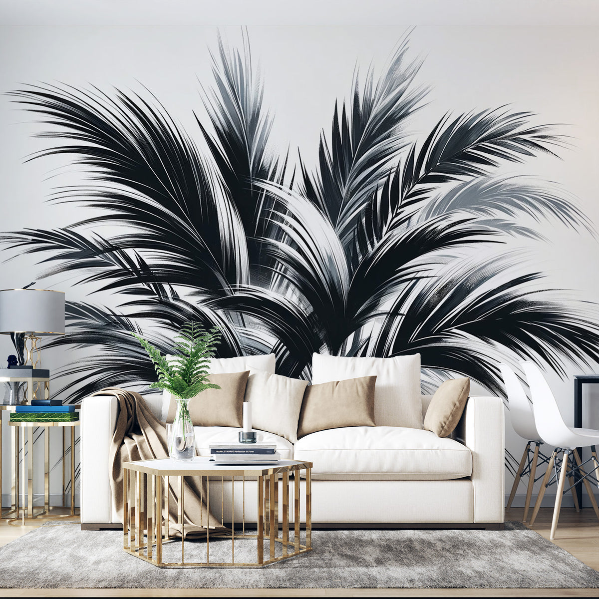 Papier Peint Forêt Feuilles – Design Ginevra Or & Noir – Palmier – Non-tissé
