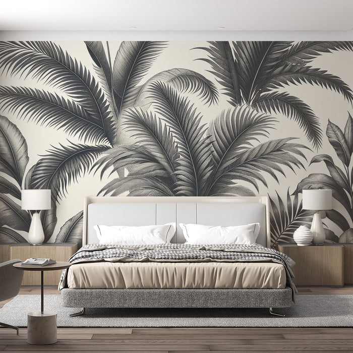 Papier peint feuillage noir et blanc | Feuilles de palmiers style vintage fond clair