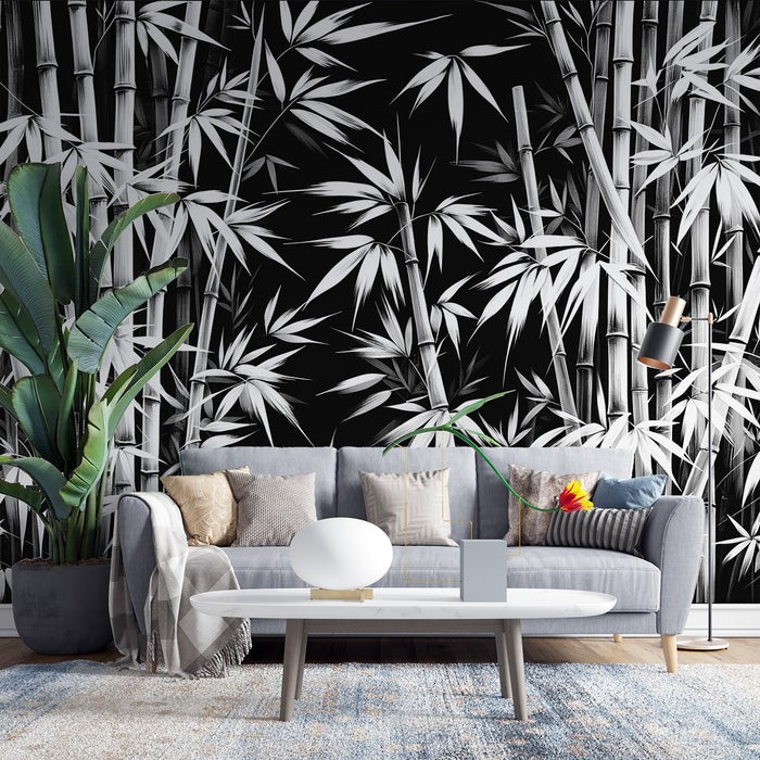 Papier peint feuillage noir et blanc | Forêt de bambou blanche sur fond noir