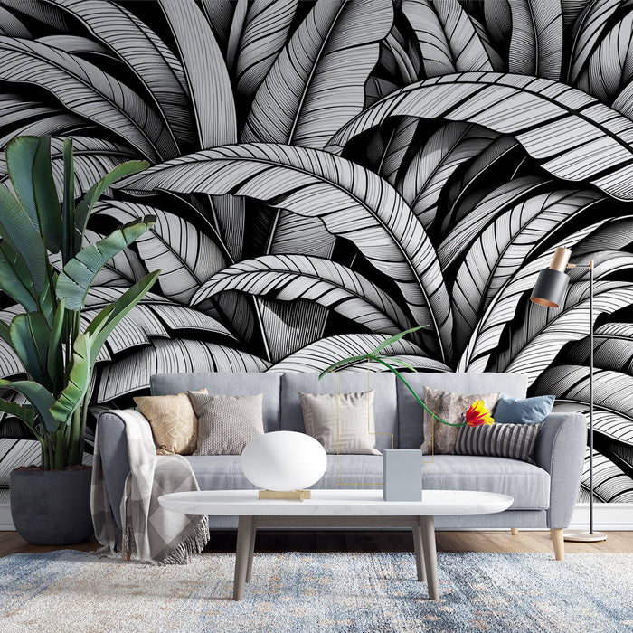 Papier peint feuillage noir et blanc | Massif de feuilles de bananiers au style design