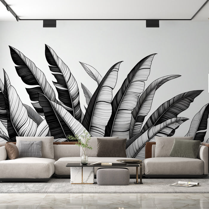 Papier peint feuillage noir et blanc | Massif de feuilles de bananiers design