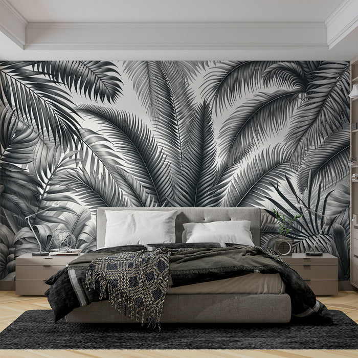 Papier peint feuillage noir et blanc | Massif de jungle de feuilles de palmiers