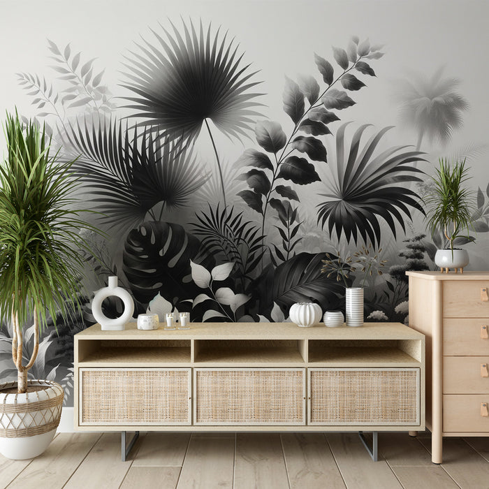 Papier peint feuillage noir et blanc | Monstera et feuilles de palmiers majestueux