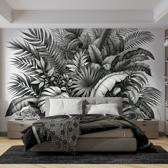 Papier peint feuillage noir et blanc | Mur de feuillage tropical fond vintage