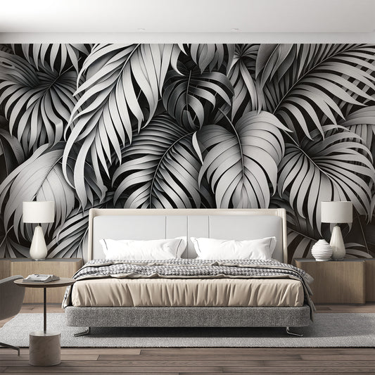 Papier peint feuillage noir et blanc | Mur de feuilles de palmiers blanches