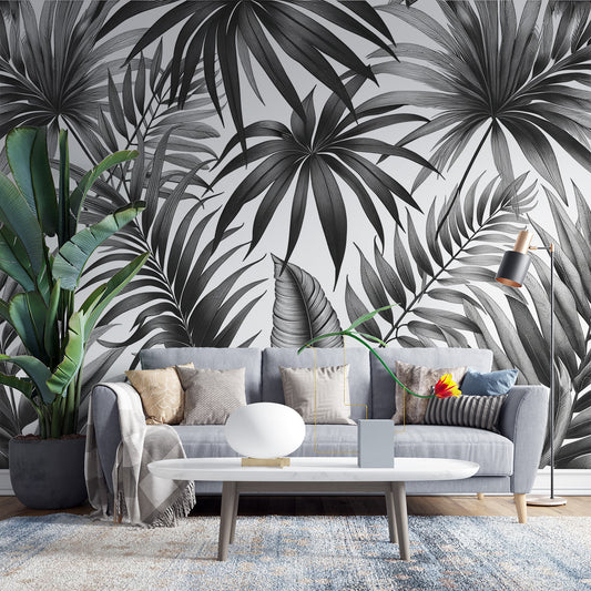 Papier peint feuillage noir et blanc | Panoramique de feuilles de palmiers fond blanc